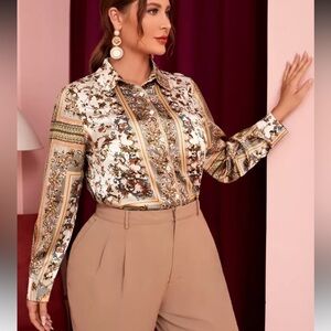 Shein Vintage Inspired Floral Scarf Print Satin Button Down Blouse